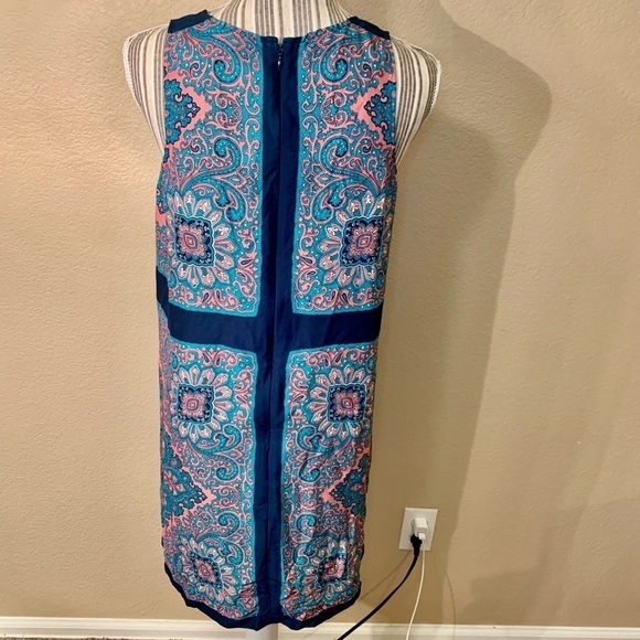 LOFT Sheath Dress Small Teal Pink Navy Sleeveless Lightweight Patterned Back Zip - Picture 8 of 14